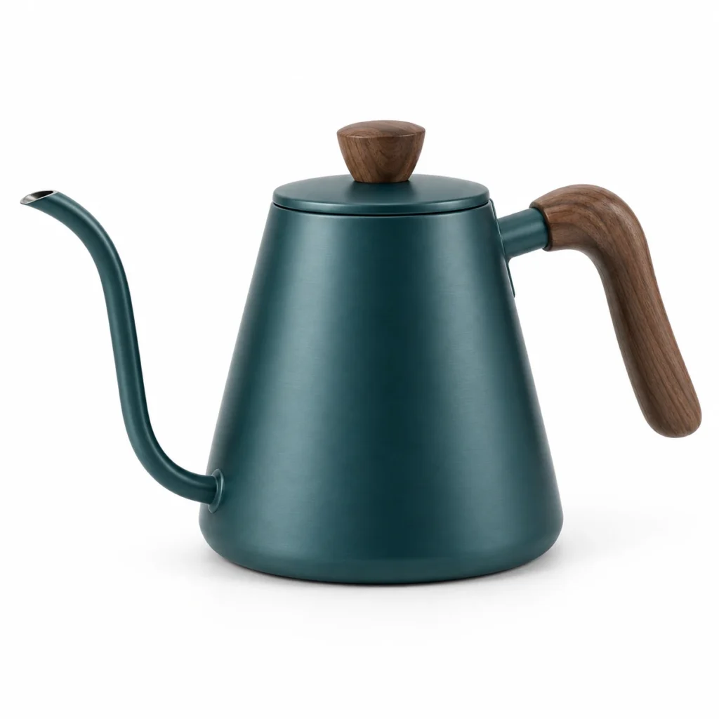 Teal gooseneck kettle concept reference with walnut fittings on white