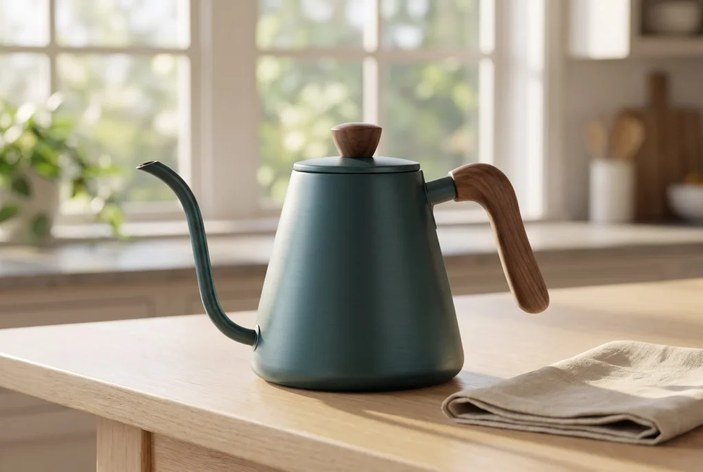 Teal kettle with walnut handle and kitchen linen, generated with Fotogenic AI