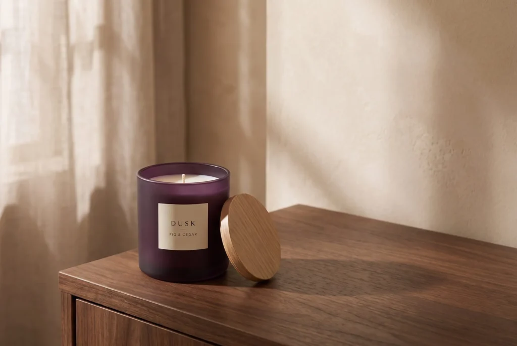 DUSK candle and oak lid on a walnut console, generated with Fotogenic AI