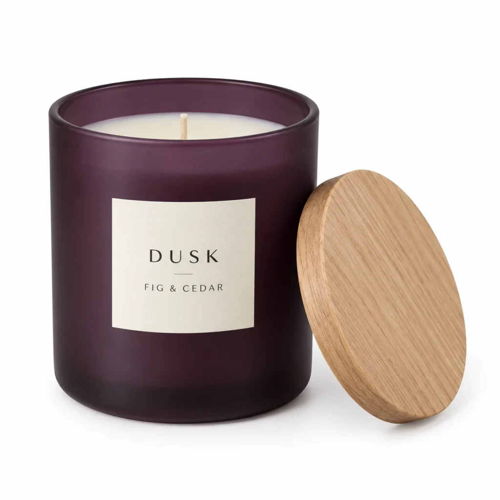 DUSK candle concept reference with FIG & CEDAR label and oak lid