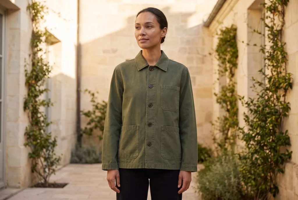 Model wearing an olive chore jacket in a limestone courtyard, generated with Fotogenic AI