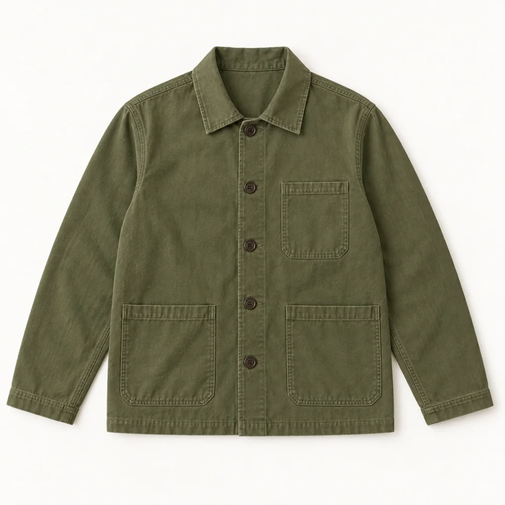 Olive five-button chore jacket concept flat lay on white