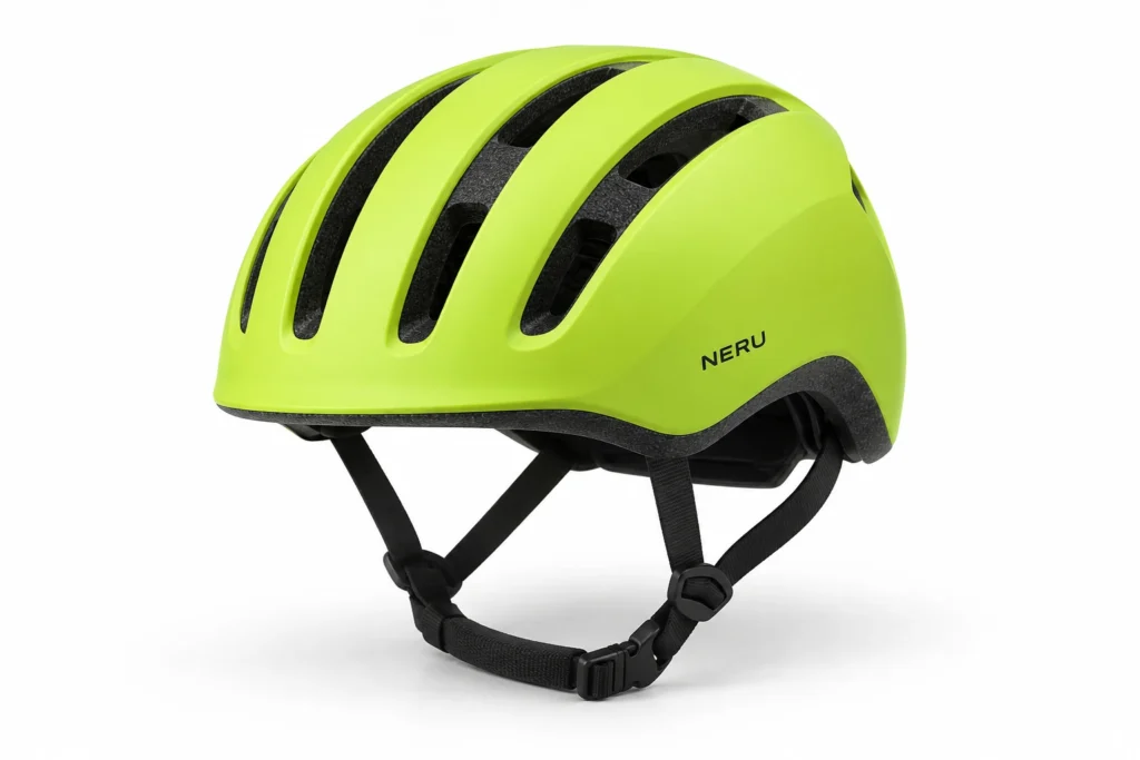 Lime cycling-helmet reference with black vents, chin straps and NERU wordmark
