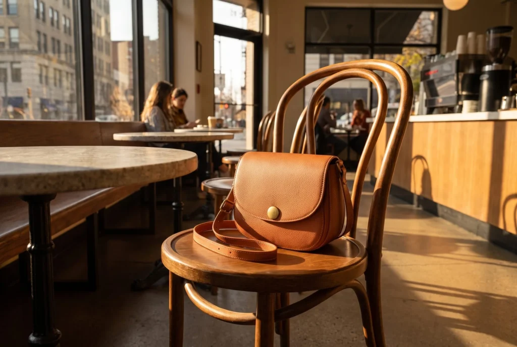 Terracotta saddle bag in warmer cafe light, generated with Fotogenic AI