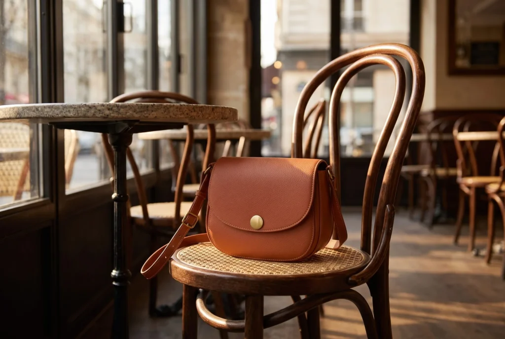 Terracotta saddle bag on a cafe chair, generated with Fotogenic AI