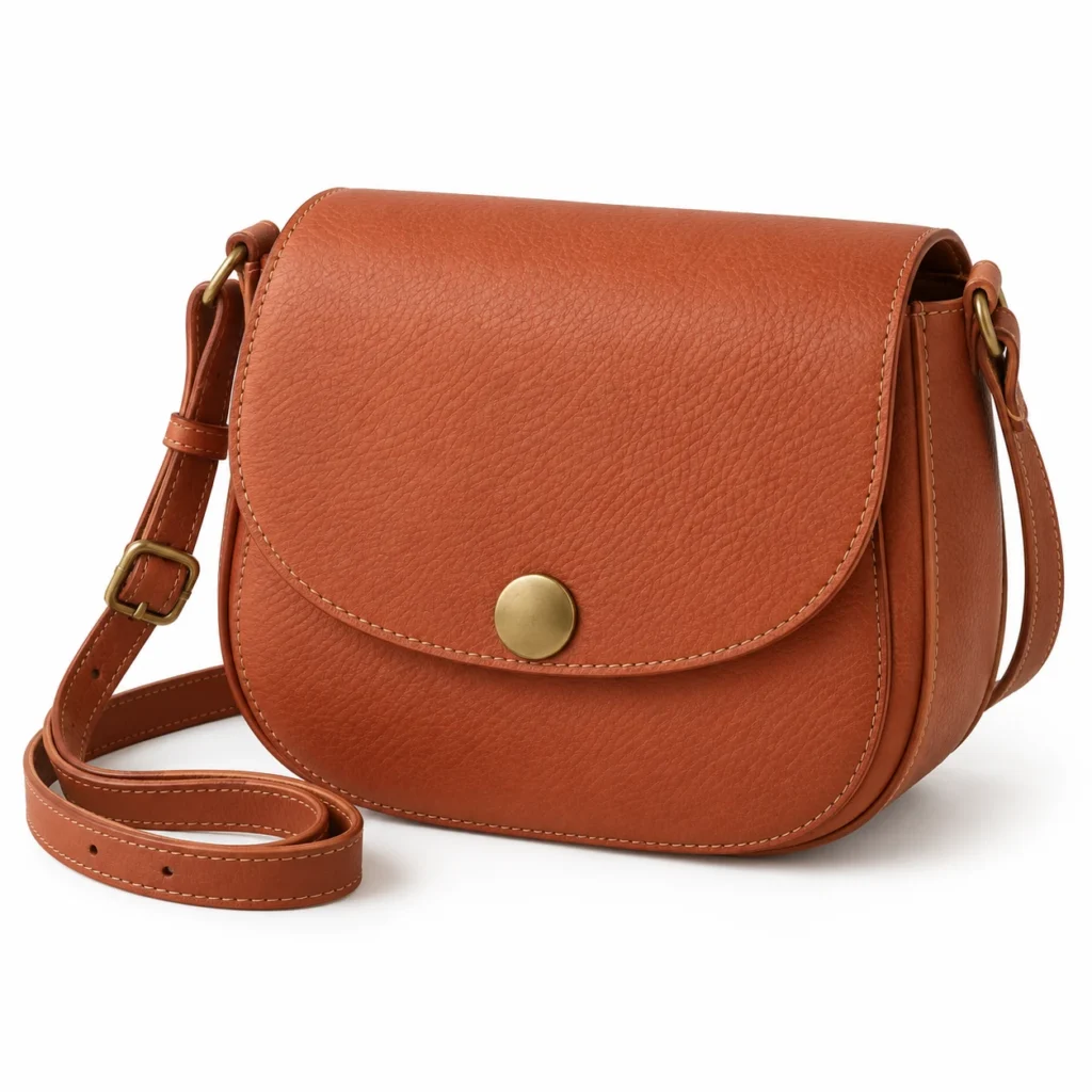 Terracotta saddle bag concept reference with circular clasp and adjustable strap