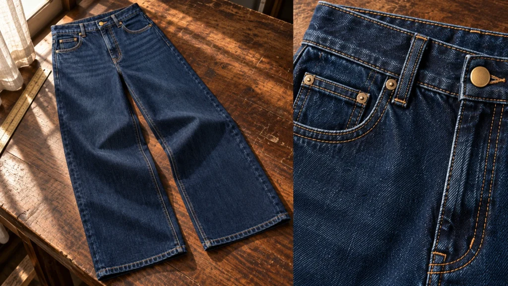 Complete dark indigo jeans on a wooden workbench beside a close view of the waistband and pocket stitching.