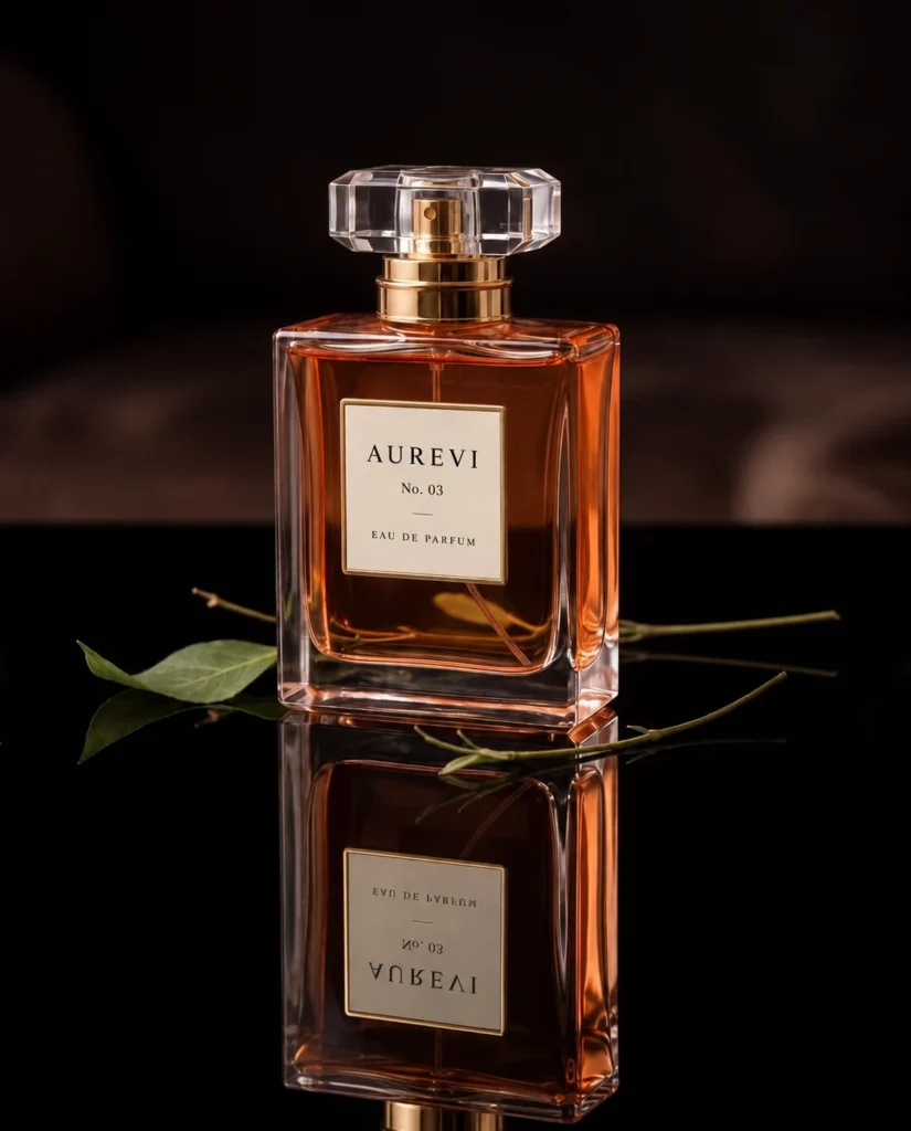 Aurevi fragrance bottle with floral reflections on a dark surface