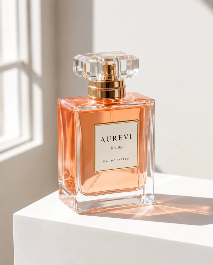 Aurevi fragrance bottle in sunlight on a white pedestal