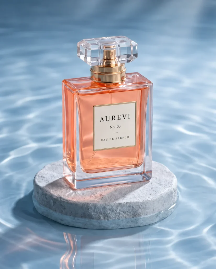 Aurevi fragrance bottle on a stone pedestal above water