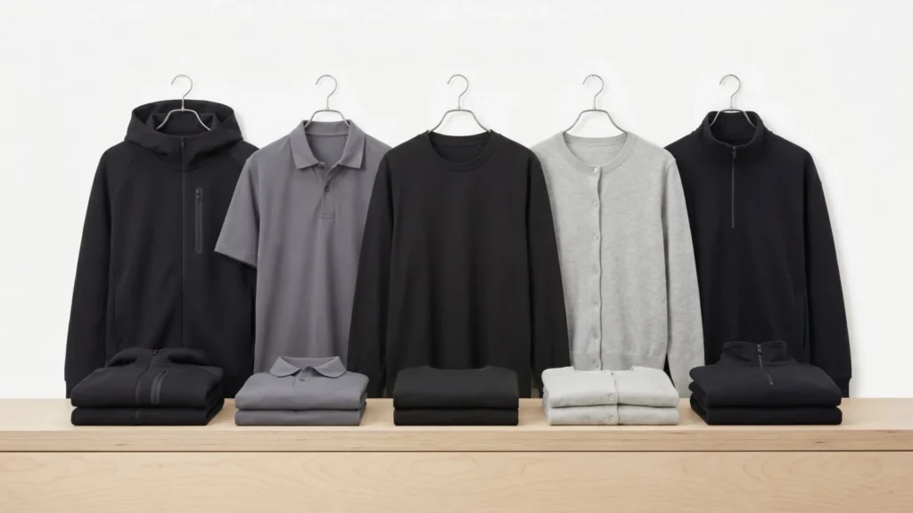 Neutral garments arranged on a clothing rail