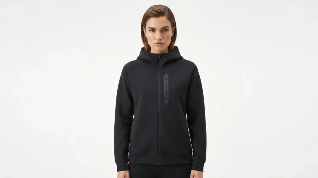 Woman wearing a black hoodie against a pale background