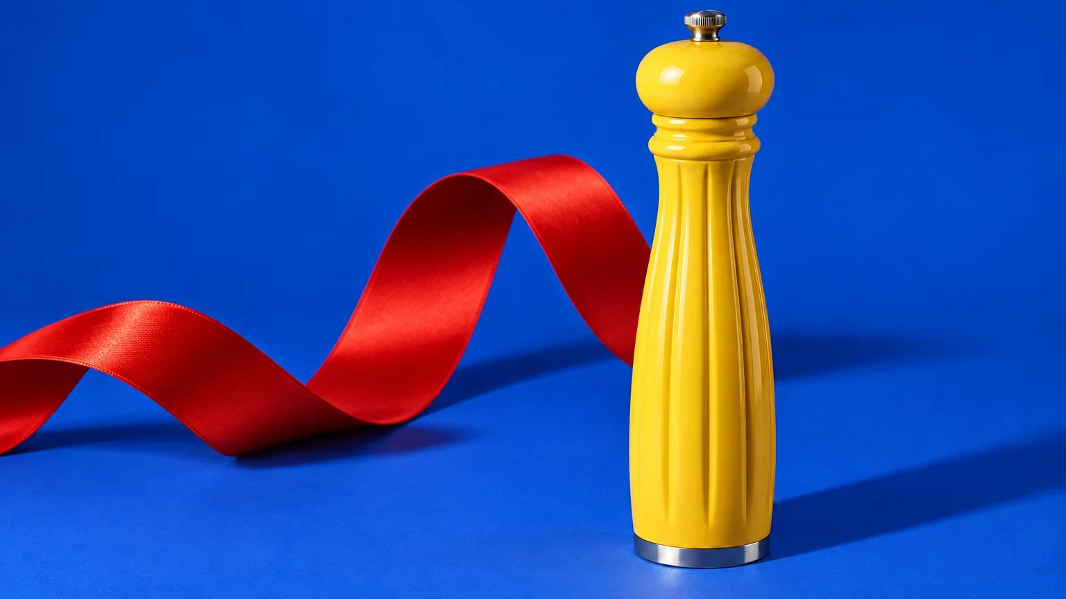 Yellow pepper mill on cobalt blue with a red ribbon behind it