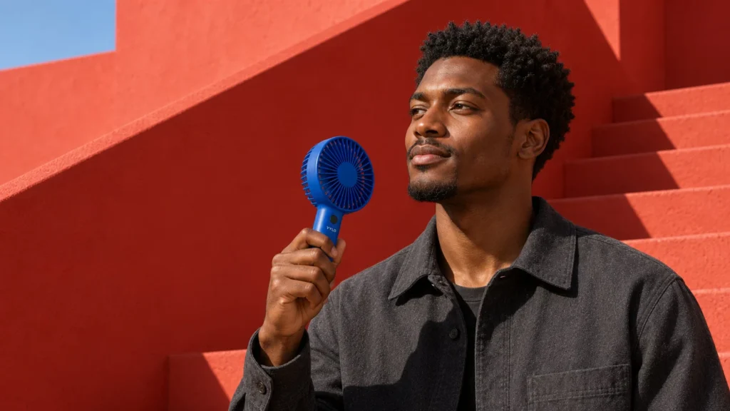 Man beside red architectural steps holding a blue fan near his cheek and looking away.