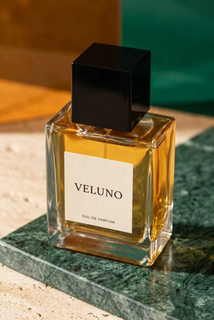 Gros plan sur un flacon de parfum ambré et son étiquette.