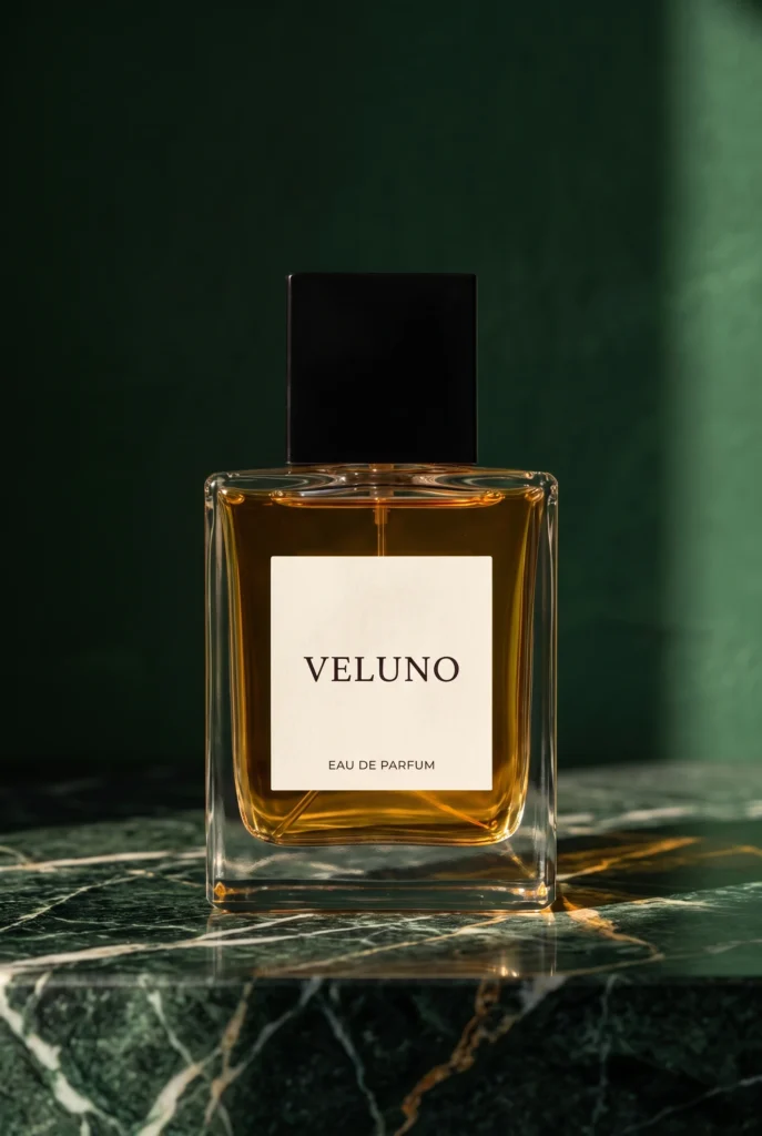 Flacon de parfum ambré sur une coiffeuse vert émeraude foncé.