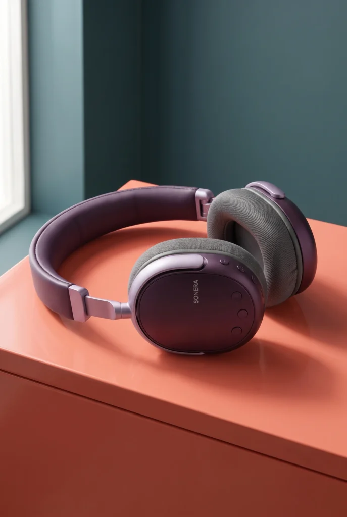 Auriculares SONERA color berenjena sobre un escritorio de oficina en casa color coral.