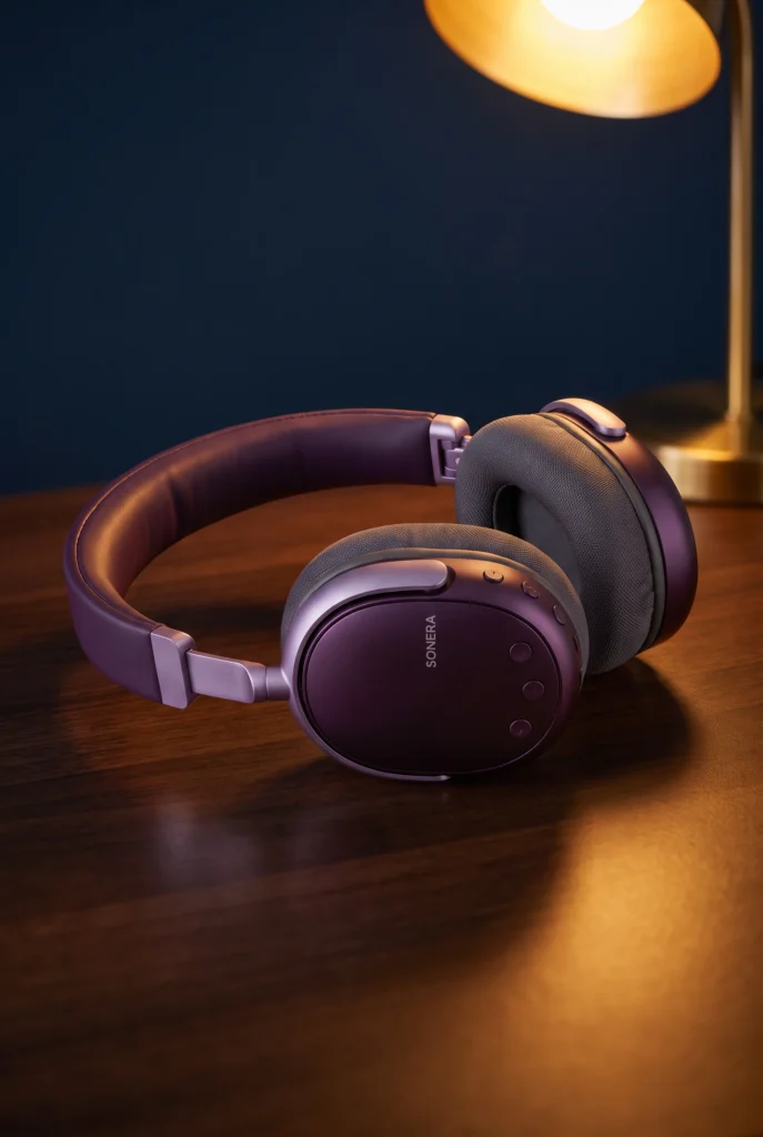 Auriculares SONERA junto a la cálida luz de una lámpara vespertina.