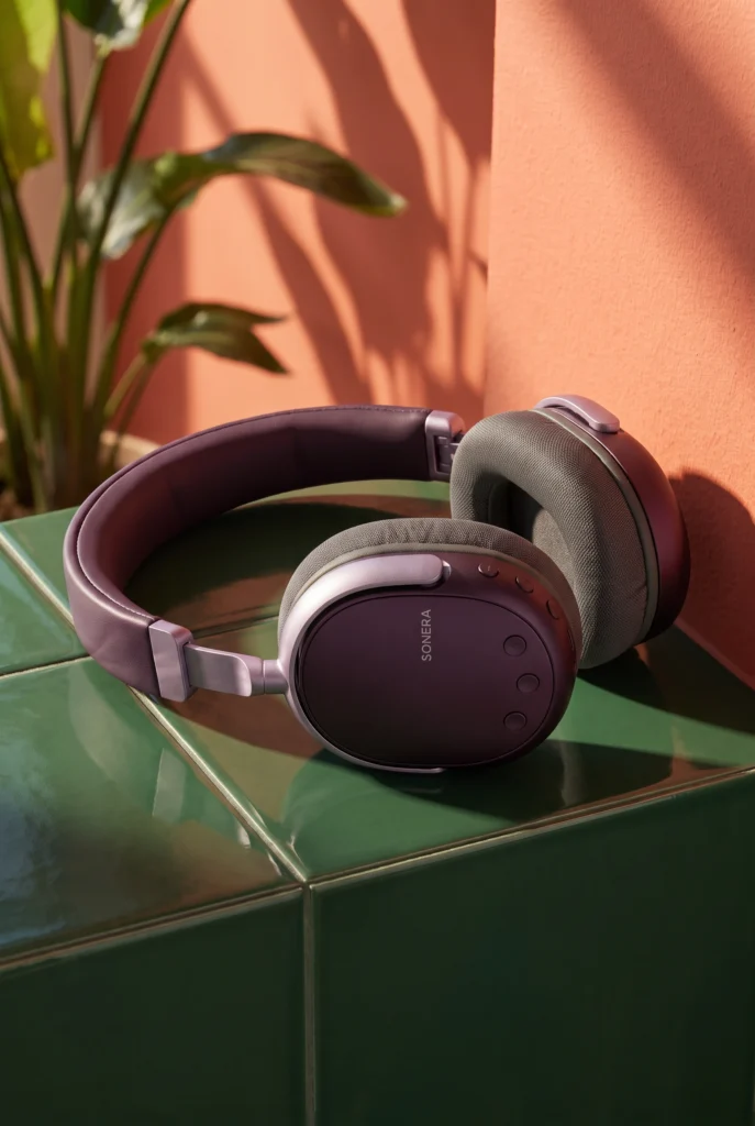 Auriculares SONERA sobre un alféizar de ventana con azulejos verdes.