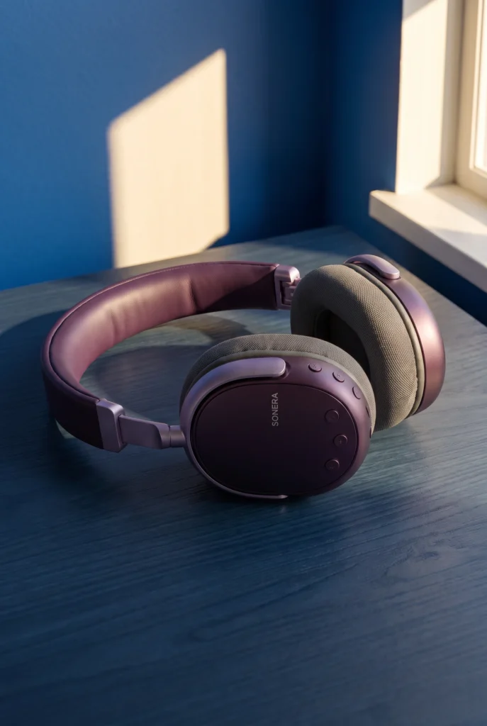 Los mismos auriculares SONERA sobre madera azul a la luz de la ventana.