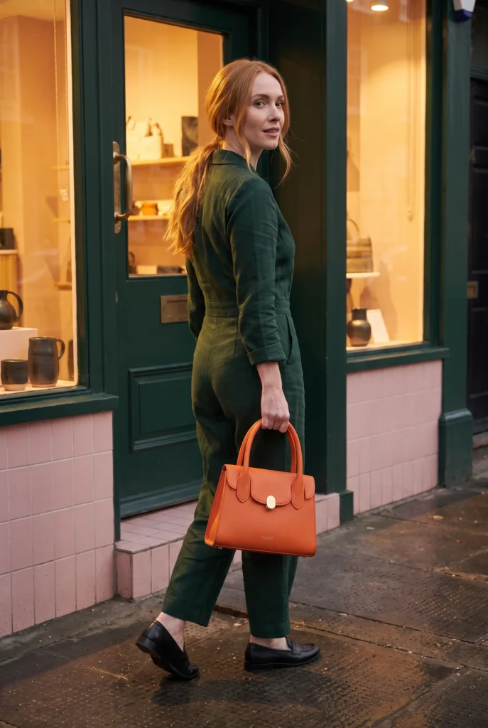 Evening carry view of the same TALOQI tangerine handbag