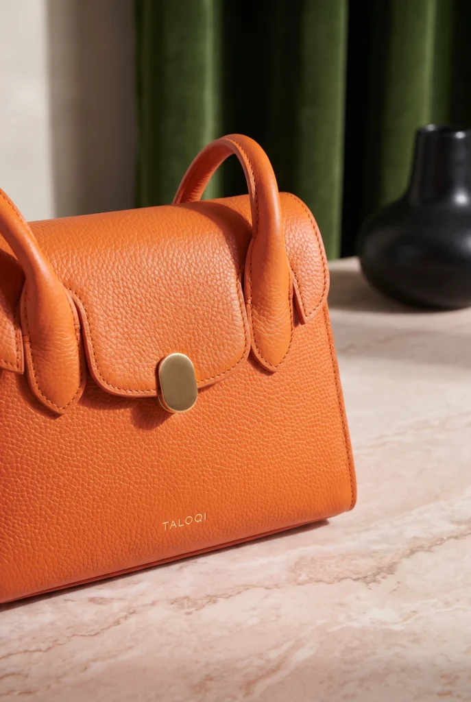 Leather grain, stitching and gold clasp detail on the TALOQI handbag