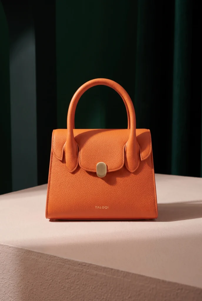 TALOQI tangerine top-handle handbag on a pale-pink table