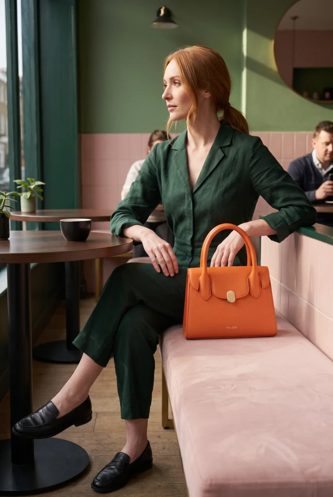 The TALOQI tangerine handbag resting beside the model at a cafe