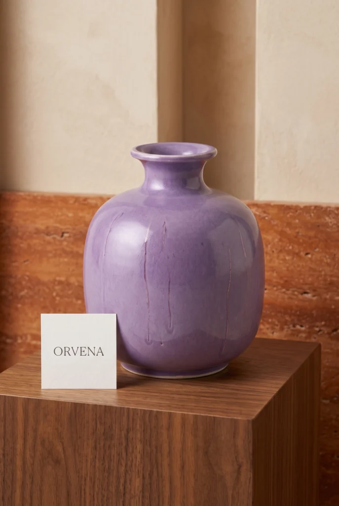 Vase en céramique lavande à côté d'une carte de présentation ORVENA.