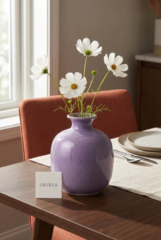 Vase en céramique lavande avec des fleurs blanches sur une table à manger en noyer.