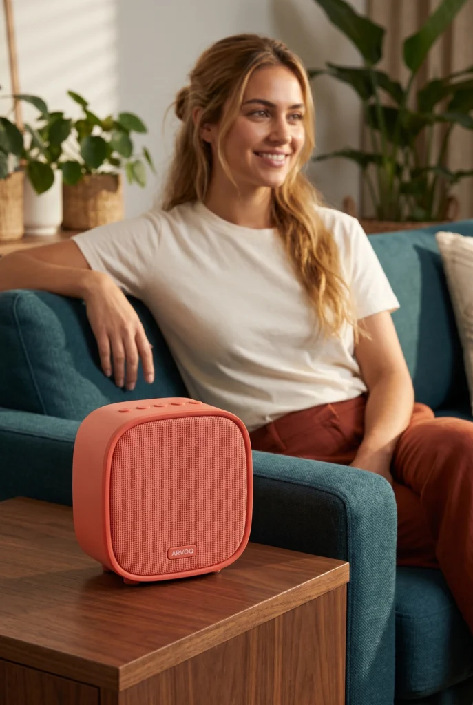 Un altavoz ARVOQ de color coral se encuentra junto a una mujer que se relaja en un rincón de escucha de color turquesa.