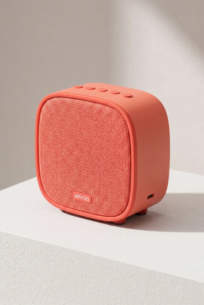 Enceinte sans fil corail sur un socle blanc.