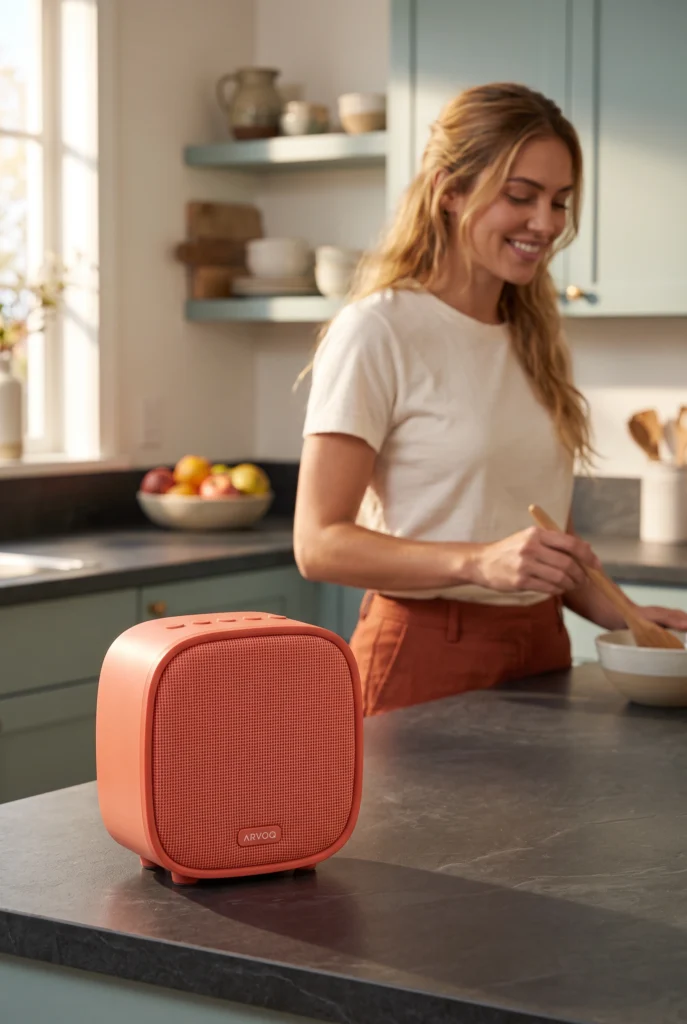 Una mujer disfruta de la música junto al altavoz ARVOQ color coral en una cocina soleada.
