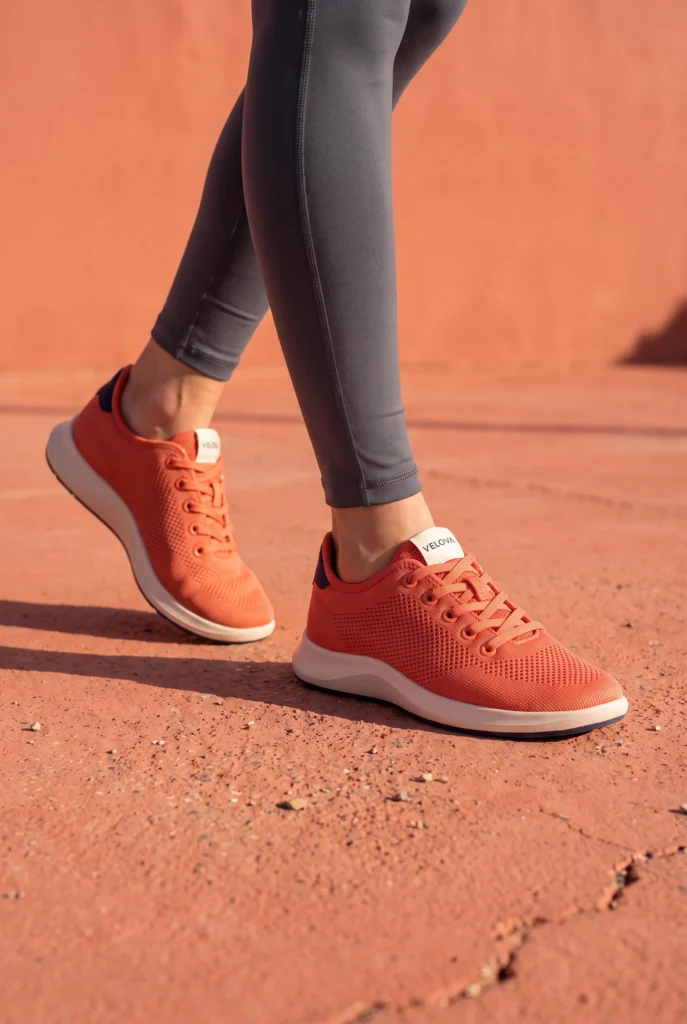 Zapatillas VELOVA color coral, combinadas con leggings color carbón, sobre una acera coral iluminada por el sol.