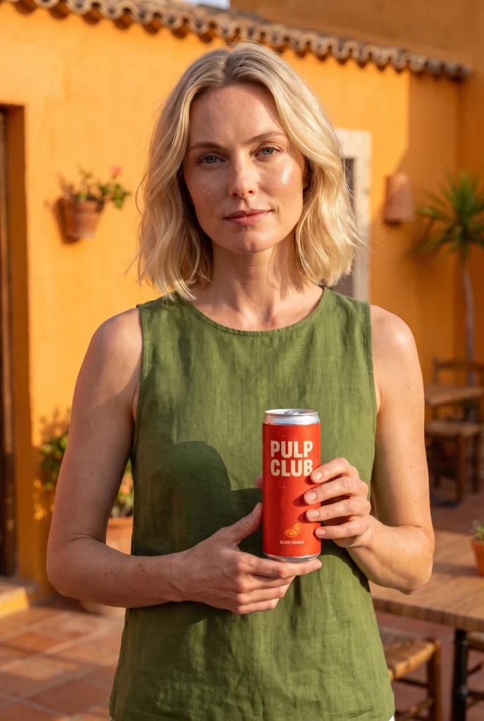 Eine erwachsene blonde Frau in einem olivgrünen Leinenoberteil hält vor einem zitrusfarbenen Café ein PULP CLUB Blutorangengetränk in der Hand.