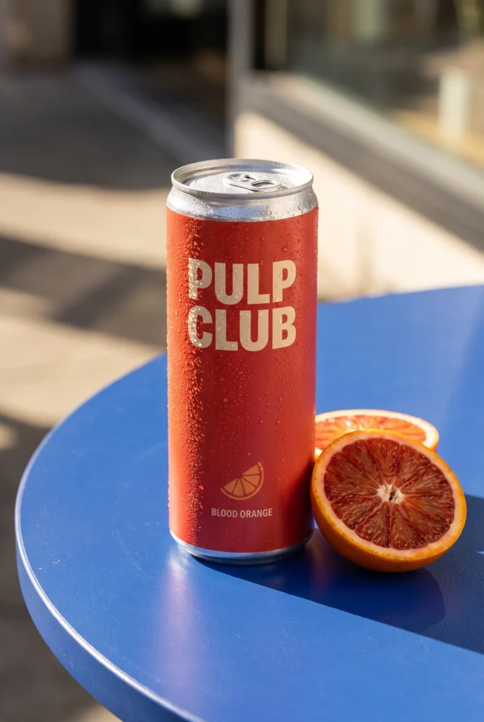 Eine kalte PULP CLUB-Dose in Blutorange auf einem kobaltblauen Café-Tisch