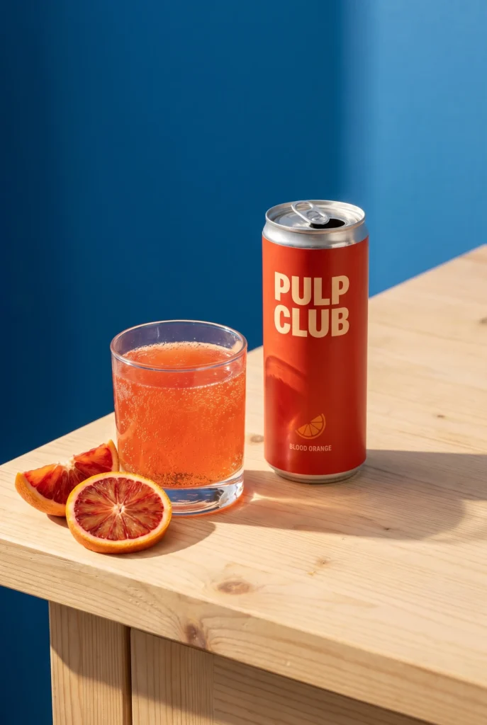 PULP CLUB kann neben einem Glas prickelndem Orangensaft serviert werden.