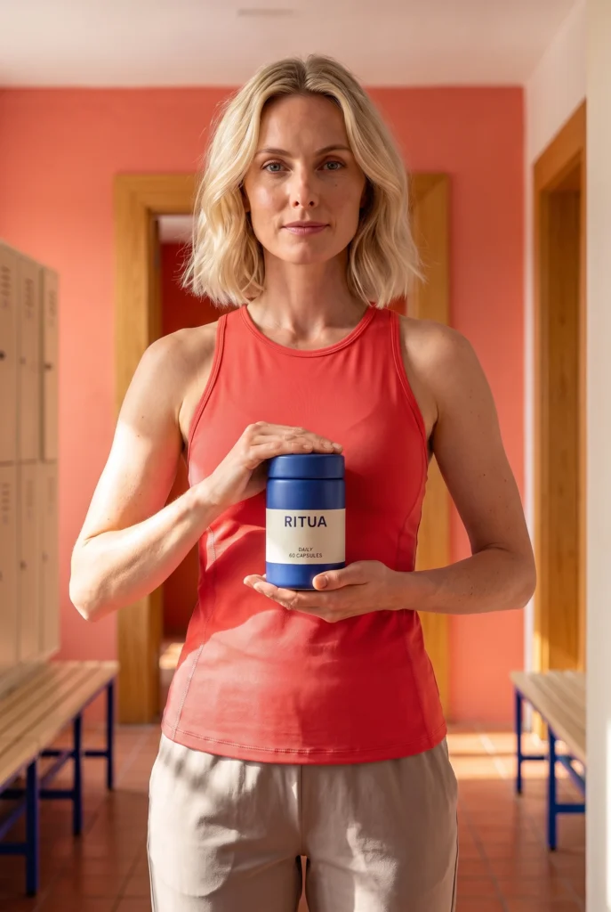 Adult blonde woman in a coral athletic tank holding a cobalt RITUA capsule jar in a changing room.