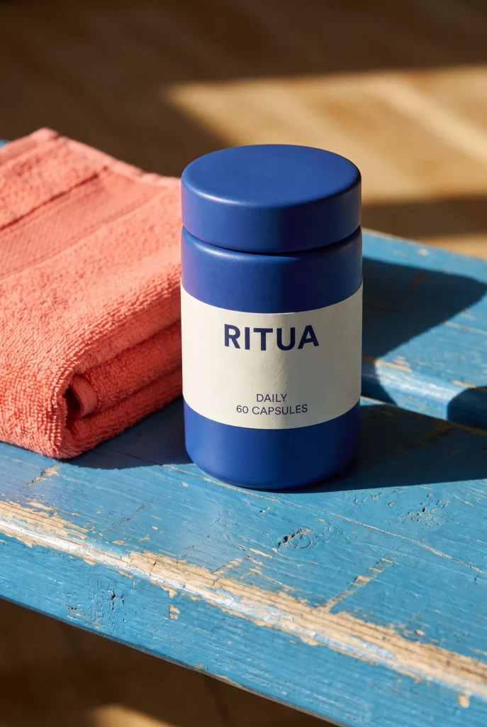 RITUA Daily capsule jar on a blue preparation bench