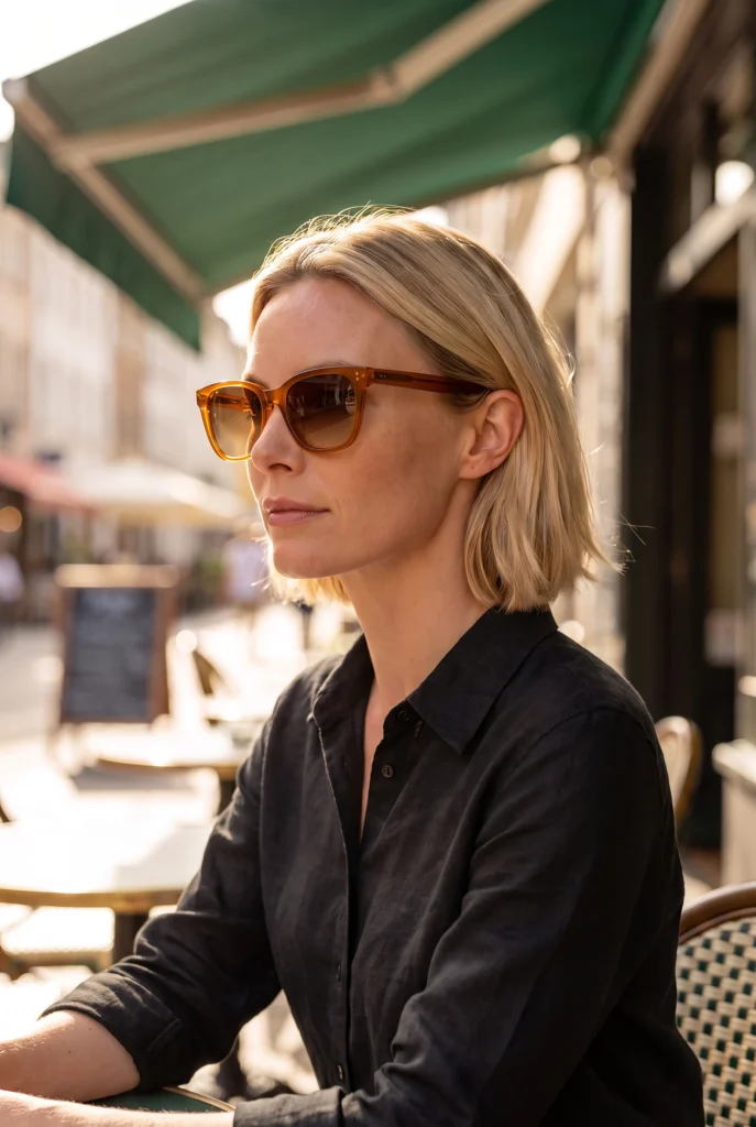 Mujer adulta rubia con camisa de lino negra y gafas de sol color ámbar bajo el toldo verde de una cafetería.
