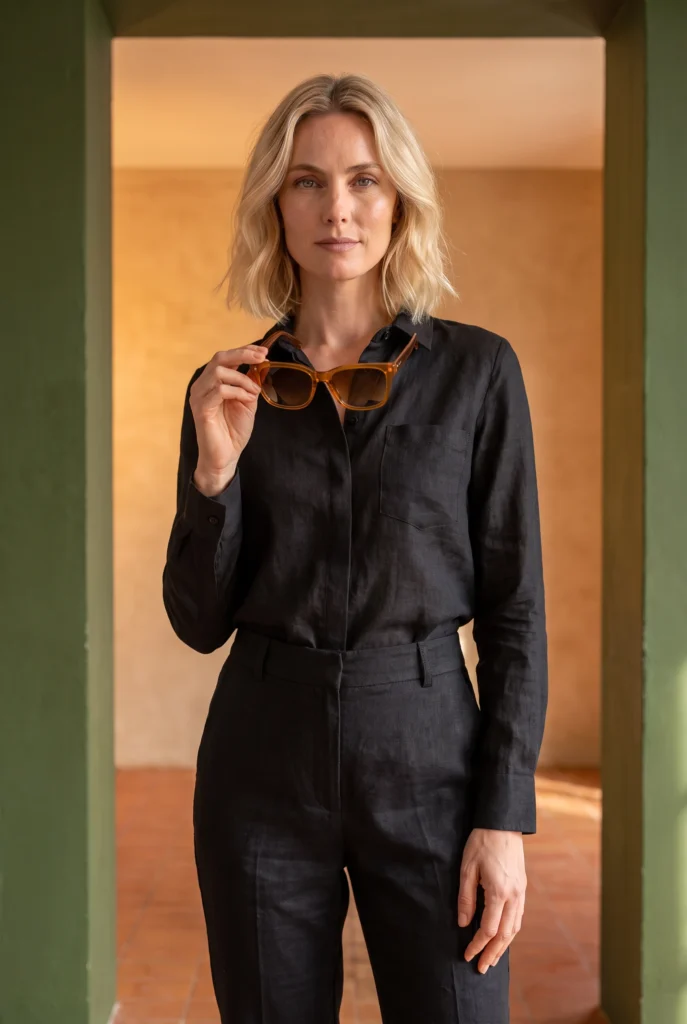 Mujer adulta rubia vestida con ropa de lino negro, sosteniendo gafas de sol LUVORI de color ámbar en un patio de color olivo y arena.