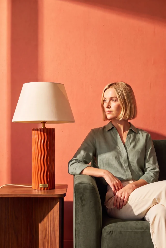 Mujer adulta rubia con blusa color salvia sentada en un sofá color oliva junto a una lámpara de mesa FORMEL de color naranja quemado.