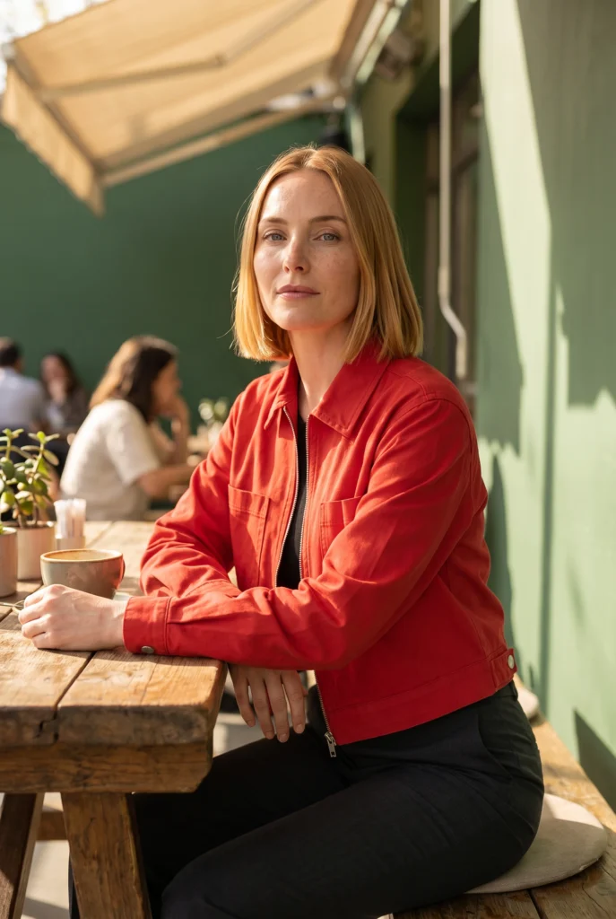 Veste écarlate montrant une silhouette élancée assise dans un café