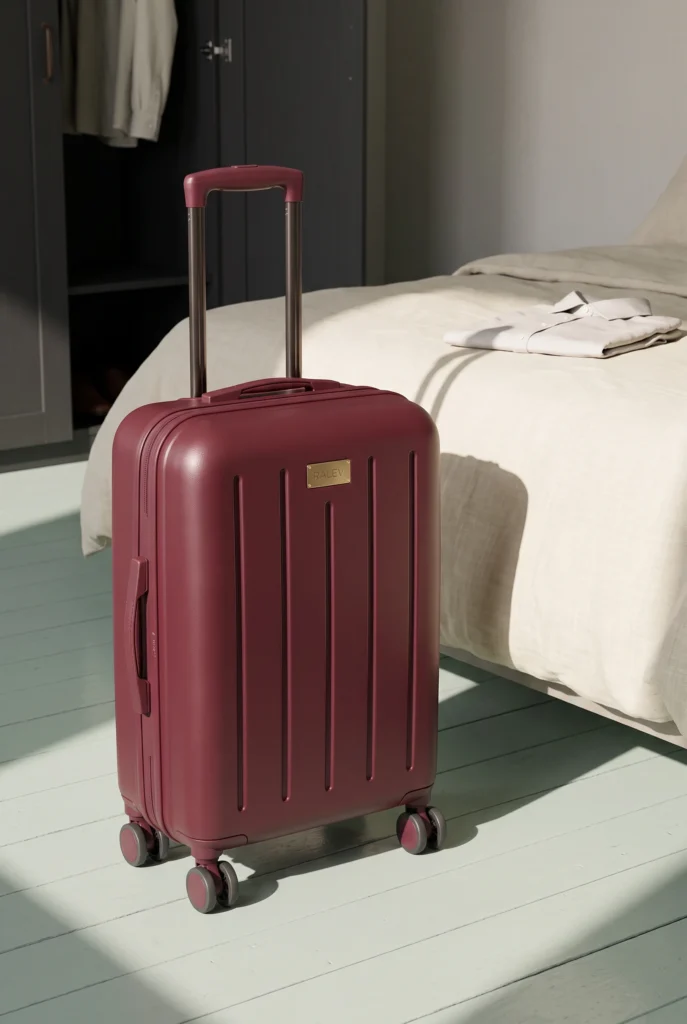 Valise cabine bordeaux posée à côté d'un lit d'hôtel à la lumière de la fenêtre.