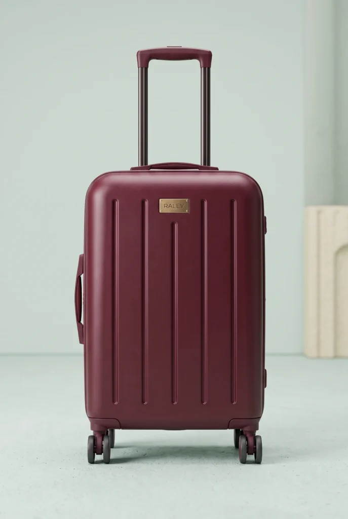 Valise cabine bordeaux avec poignée télescopique, dans un décor de studio apaisant.