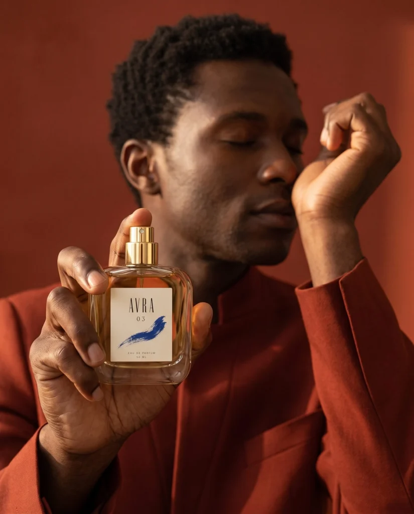 Black adult model holding an AVRA 03 fragrance bottle while trying the scent on his wrist