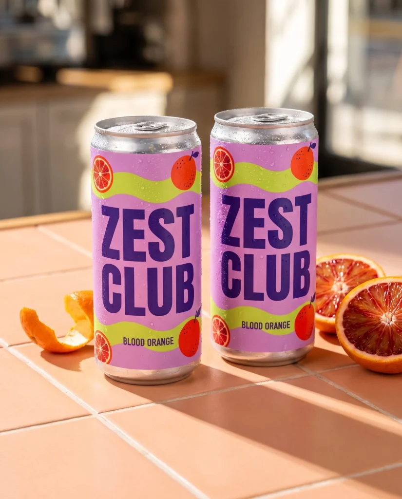 Two ZEST CLUB blood orange cans with lilac graphic packaging on a peach tiled counter