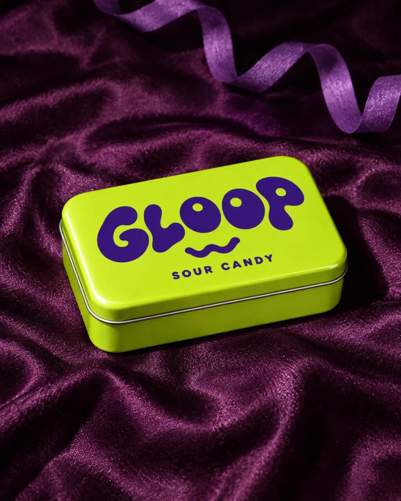 Lime GLOOP sour-candy tin on purple satin under a flash-style light, generated with Fotogenic AI