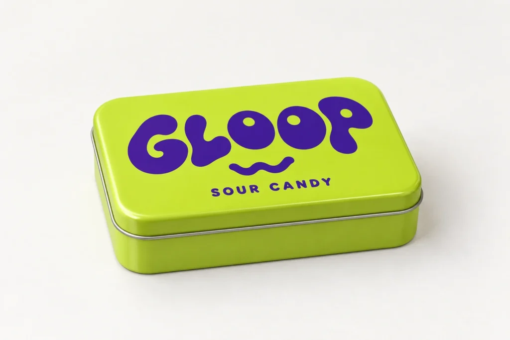 Lime GLOOP sour-candy tin reference with purple lettering and rounded metal corners