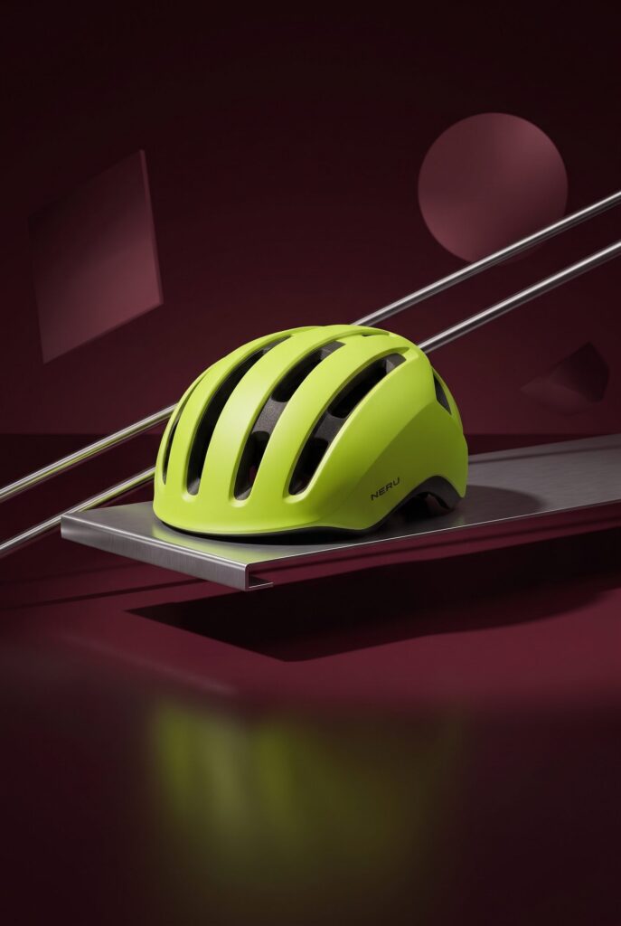 Portrait composition with more space above the lime helmet.